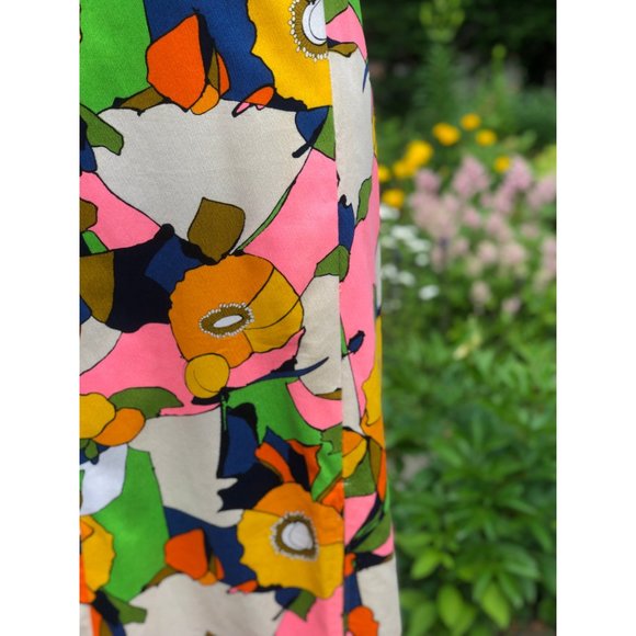 Vintage 60s/70s Psychedelic Floral Citrus Fruit Flower Power Hostess Maxi Dress - Picture 13 of 16